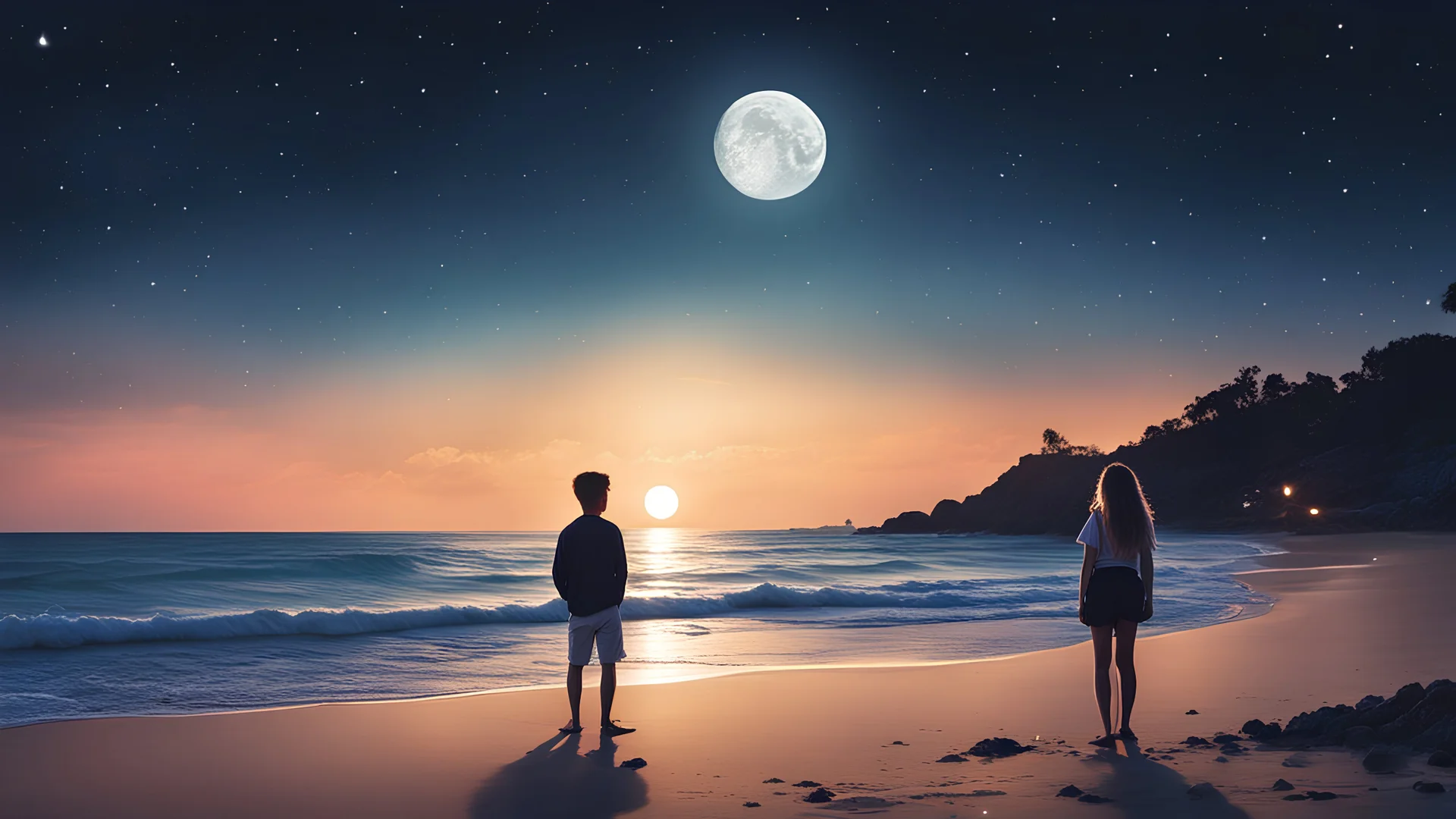 Summer night feelings at the beach with one boy and one girl who Look at the moon like two lovers, and the boy points his Finger to the moon