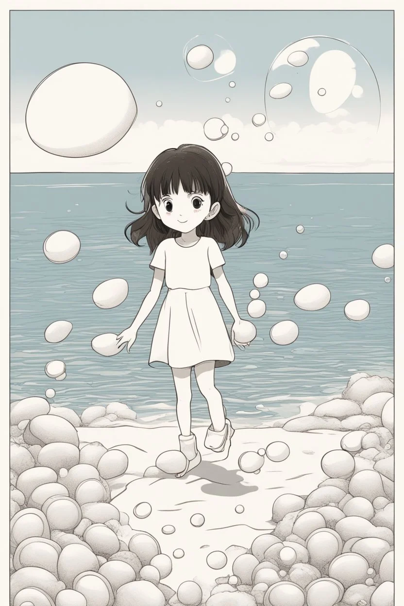 A little girl playing by the seashore, surrounded by oval-shaped seashells and bubbles. Use ovals for the seashells, bubbles, and the sun setting over the ocean.,very happy , Colloring page for todlliers ; basic hawali style cartoon , black and white , ink outlines , , smooth , anime style , minimalist , cute eyes , full body , white shose , sketchbook , realistic sketch , free lines , on paper , character sheet , clean line art high detailed