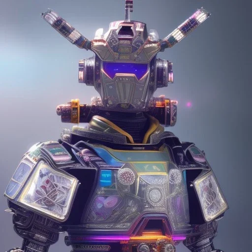 A portrait of a crystalised robot samurai with yakuza tatu, atmospheric, realistic, unreal engine cosmic galactic, cinematic lighting, octane render, random colors, transparent, cosmic ambiance, masterpiece, art by Yoji Shinkawa, composing fit inside