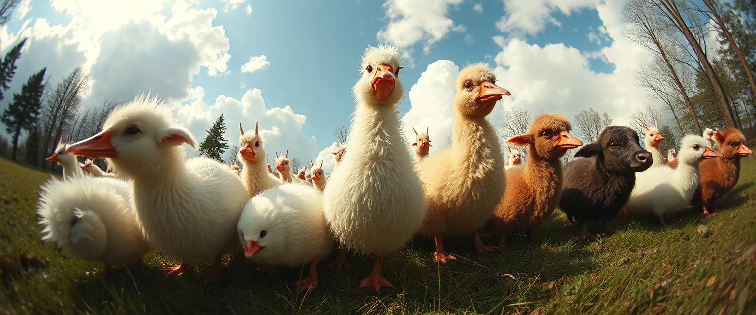 a pinhole cam picture of heavenly fluffy elevated messed up woodland elongated duck cow snail and ad & d monster creatures flock painted by Nerdrum and Rembrandt