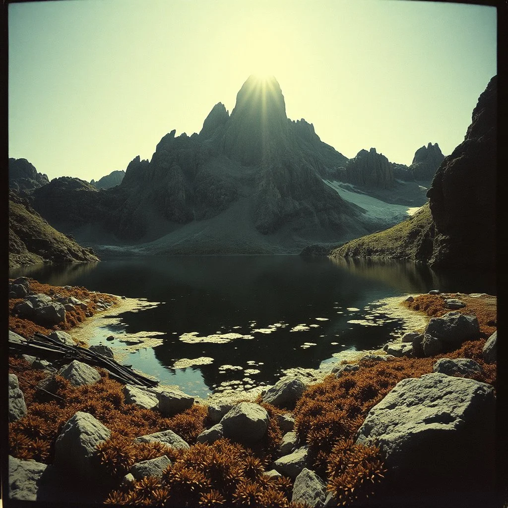 Sublime foto close-up polaroid ad alta definizione di una montagna rocciosa, un lago, surreale, colors, cityscape scifi, collage art, dadaism, sublime, splimapys nero, cielo nero, acqua nera riflette un sole nero, macabre piante circondano il lago, alghe, hypermaximalist, Max Ernst style, strangeness, intricate, hypnotic, obsessive, 8k, deep 3d field, very accentuated details of the rocks and shtn, eerie, artistic photo, shot on Hasselblad, large format film, medium format film