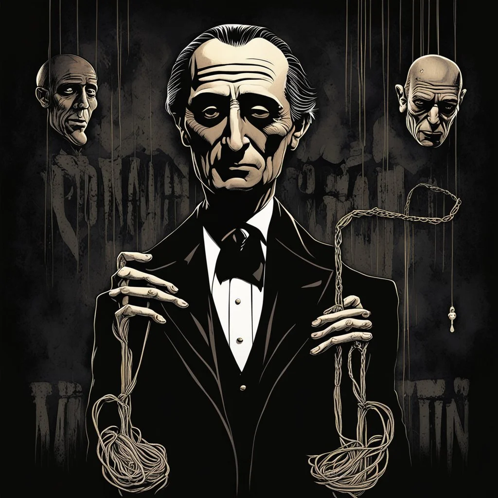 Recreate the iconic "The Godfather" movie poster but with a creepy Puppet and the graphic reads text "DREAM OF A MANIKIN" with the puppet strings in the original godfather font, black nightmarish background, horror art, by Ben Templesmith, eerie, smooth