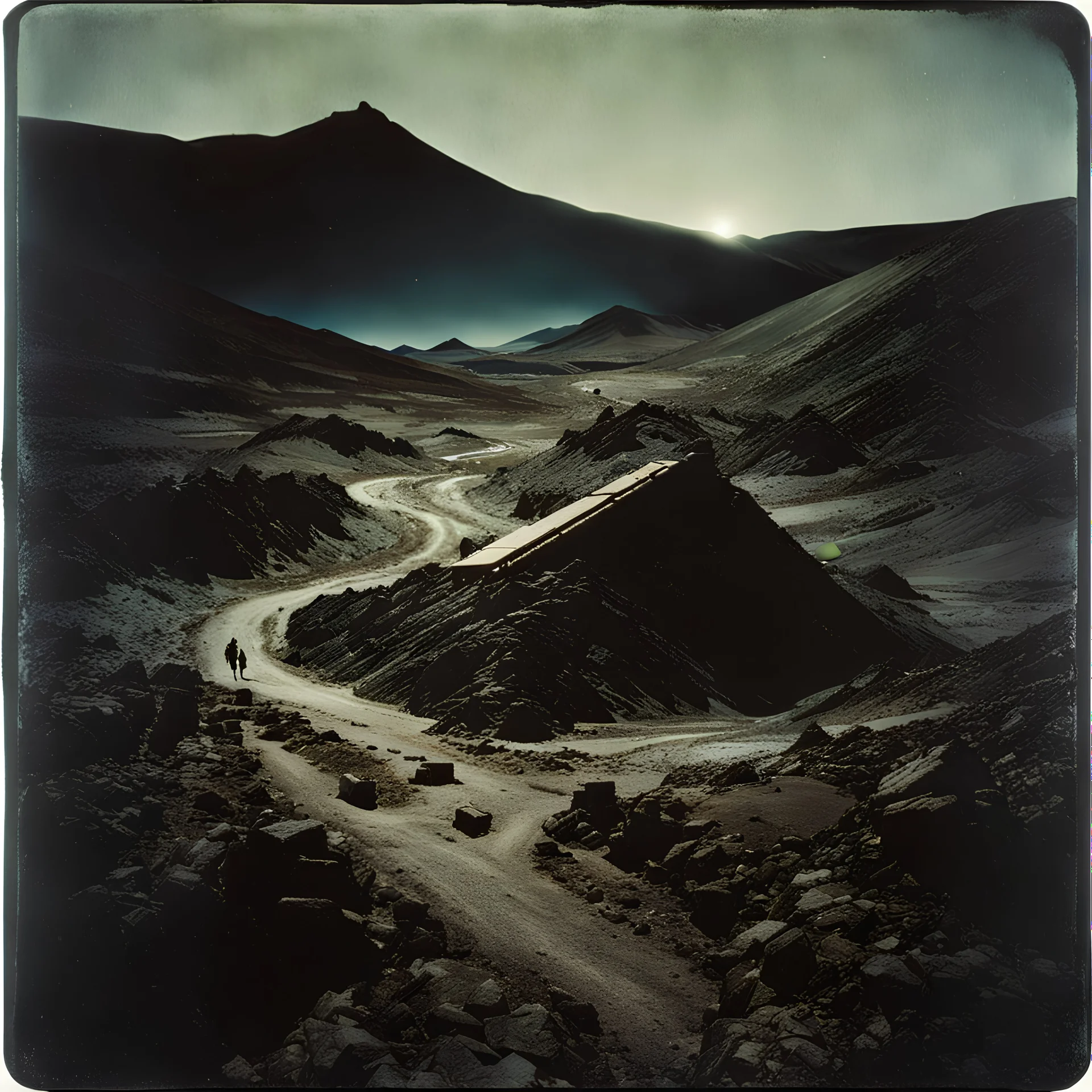 Photorealistic polaroid nothingness and distress, void, wasteland night Max Ernst Hieronymus Bosch, volumetric light, shot on Hasselblad, movie shot, details of the terrain accentuated, nightmare, hypermaximalist