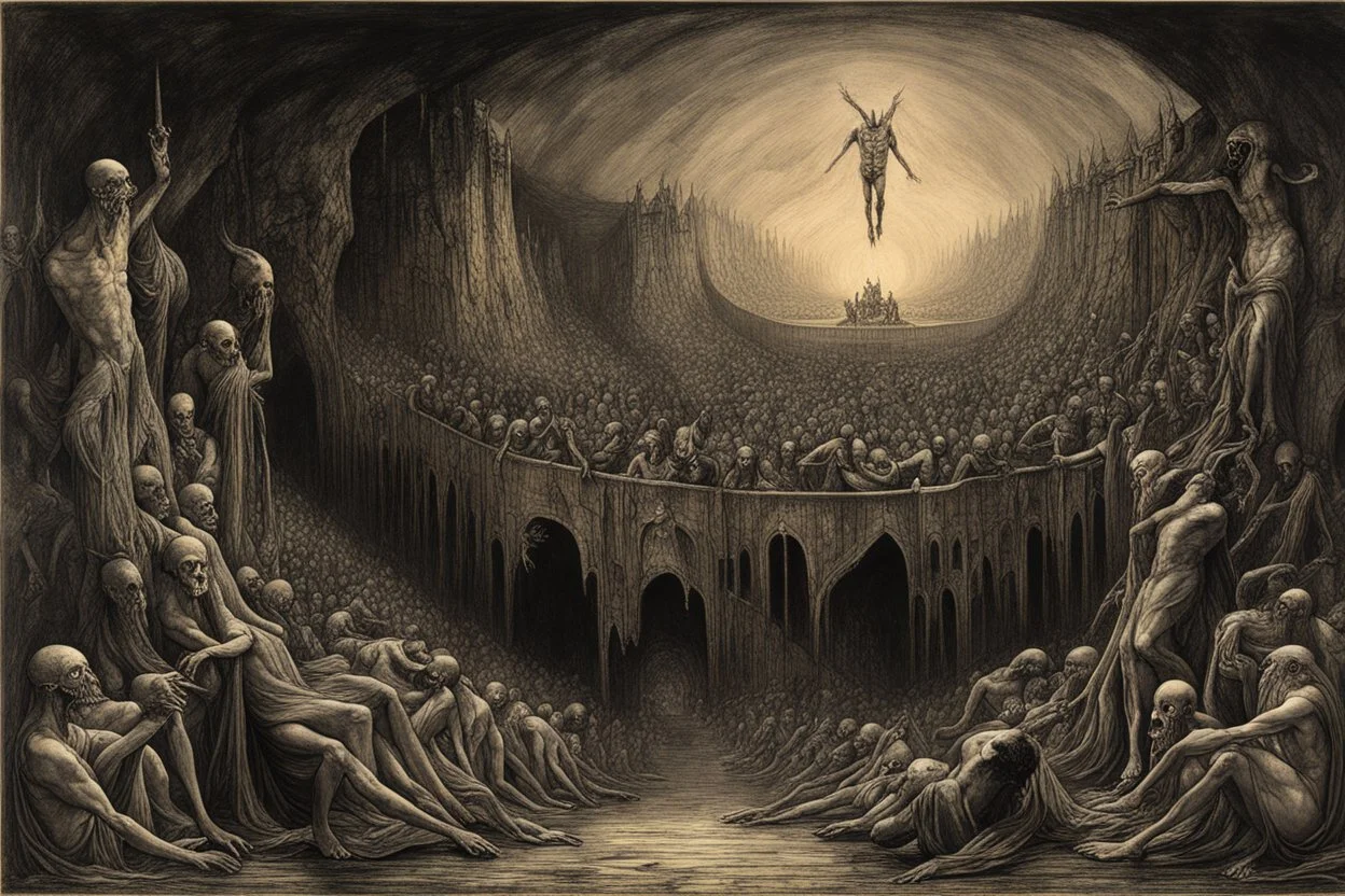 Horror sinister Dante's Inferno Style by Arnold Bocklin and Santiago Caruso and Graham Sutherland and Zdzislaw Beksinski, Dante's sixth level of hell = HERESY, Agonizing Blasphemy, symbolic art, diagonal composition, expressionist non-human radical bio deform, religious symbology, masterpiece, strange inconsistencies and banal absurdities, eerie, weird colors, smooth, neo surrealism, colorful, by Gustav Dore