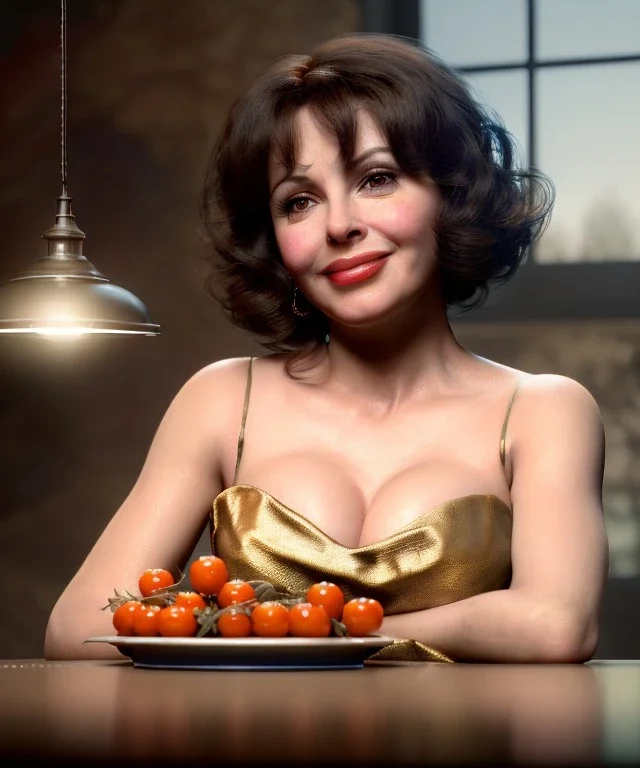 Ultra realistic photographic portrait, happy young Gina Lollobrigida woman sitting with arms resting on Italian kitchen table, ravioli dish, tomatoes, olive oil, renaissance style decoration, soft color, highly detailed, unreal engine 5, ray tracing, RTX, lumen lighting, ultra detail, volumetric lighting, high definition.