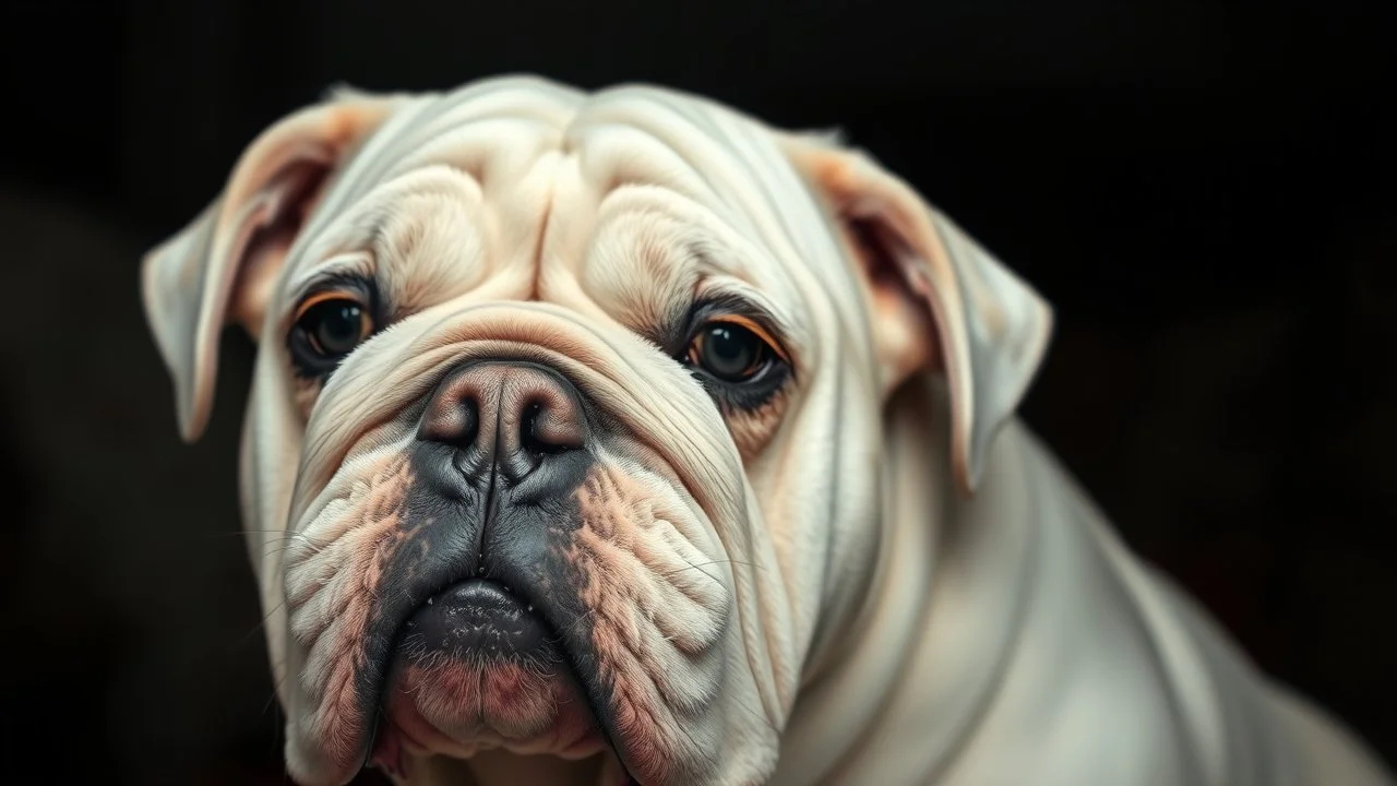 A striking close-up portrait of a white bulldog, featuring its wrinkled face and droopy eyes. The dog's expression conveys a sense of wisdom and calmness. The dark background accentuates the dog's features and creates a dramatic contrast. The setting appears to be a cozy, dimly lit room, which adds to the overall warm and comforting atmosphere.