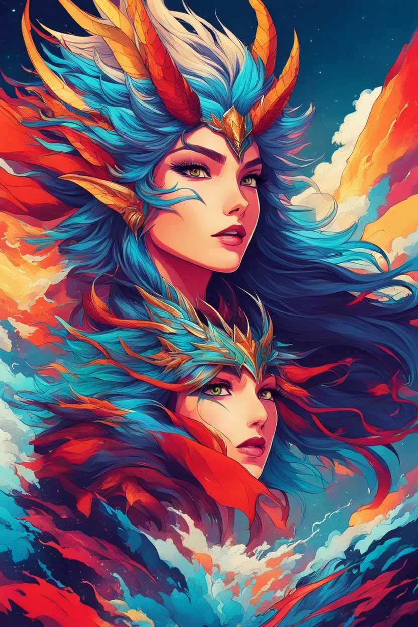 A dragon mixed with a mythical lion and a human female elf.Dramatic and powerful look and feel. Extensive attention to details. Bold lines. Vivid colors. 80s style retro anime art. Double exposure. cartoon style.