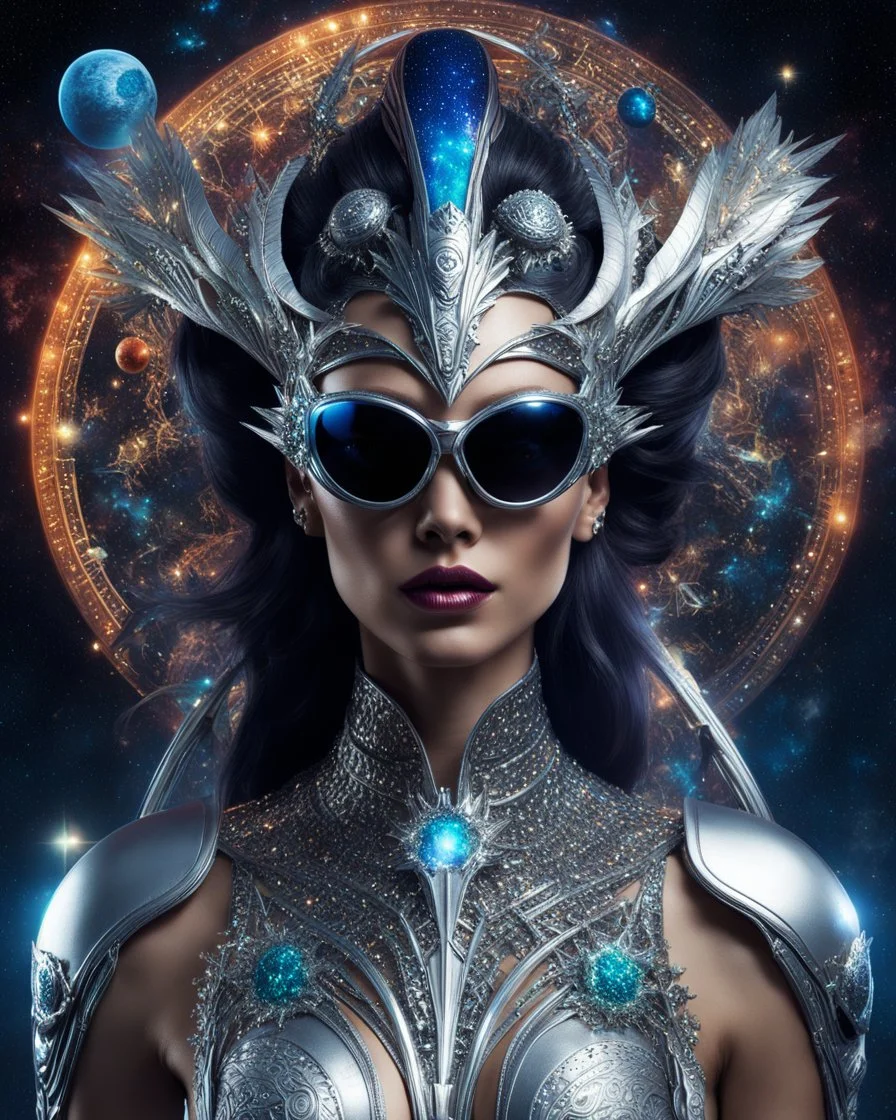 Full body. A captivating and vibrant image of an extraterrestrial being, perfectly suited for a futuristic cover. The alien sports a stunning metal headdress, with intricate designs that perfectly match his elegant silver face. Her retro-style oversized sunglasses are adorned with miniature stars and planets, accentuating her otherworldly charm. Against a dark cosmic void, the background displays a fascinating dance of vivid colors, evoking a sense of movement and cosmic energy.