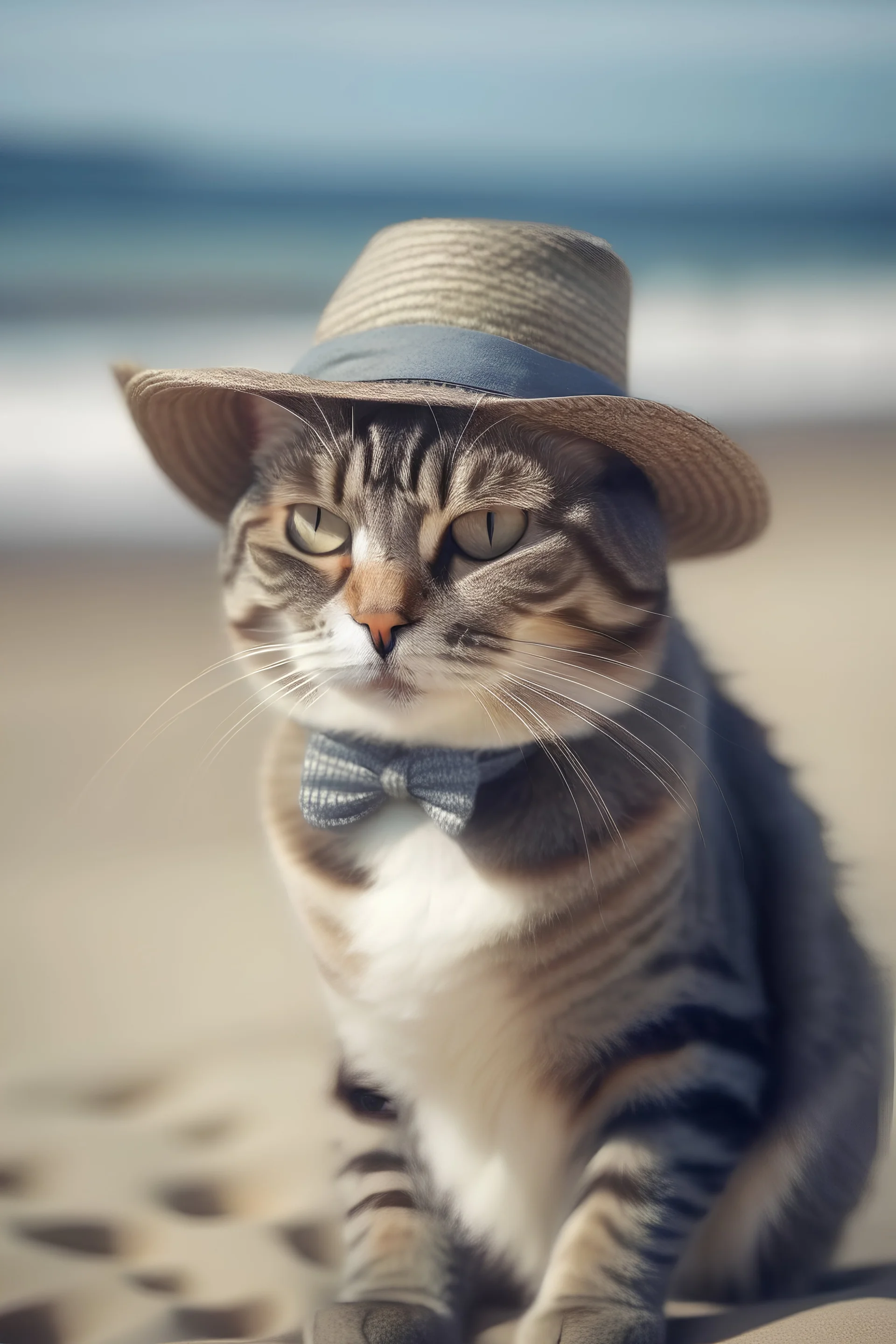 a cat wearing a hat on the beach in a cinematic style