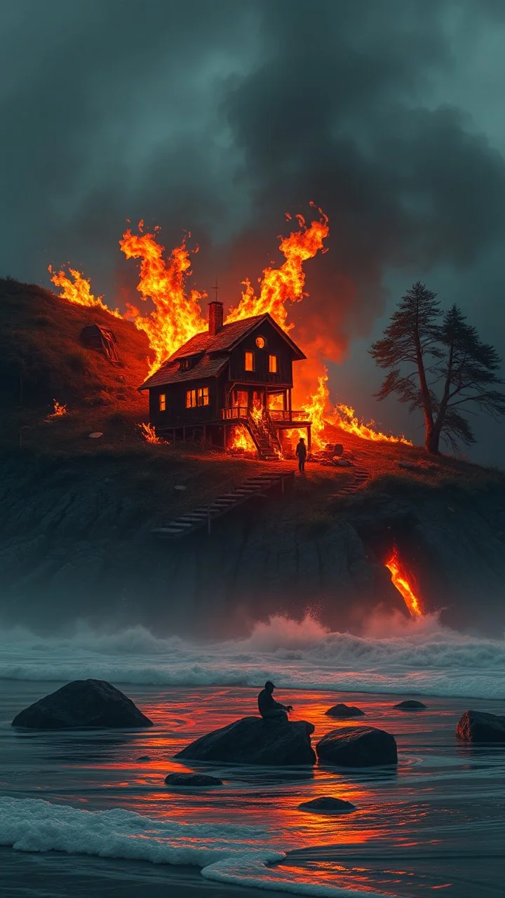 A burned house with fire on the the hill of California coast of . epic fantasy sci-fi style, city on surface