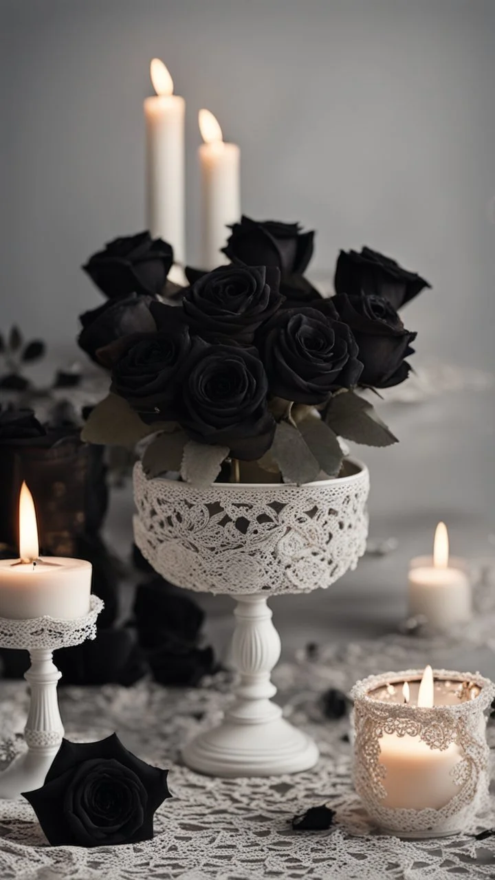 white lace fabric background.black roses with candles.cinematic