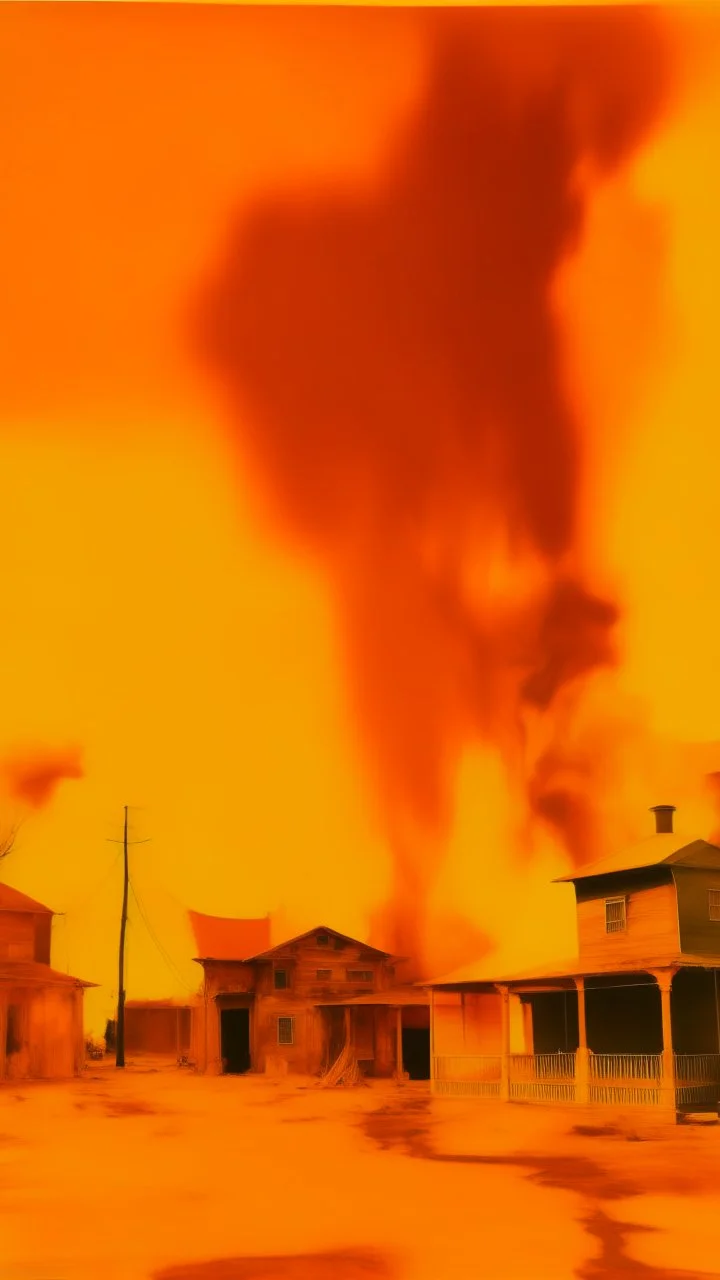 An orange western town covered in smoke painted by Andy Warhol