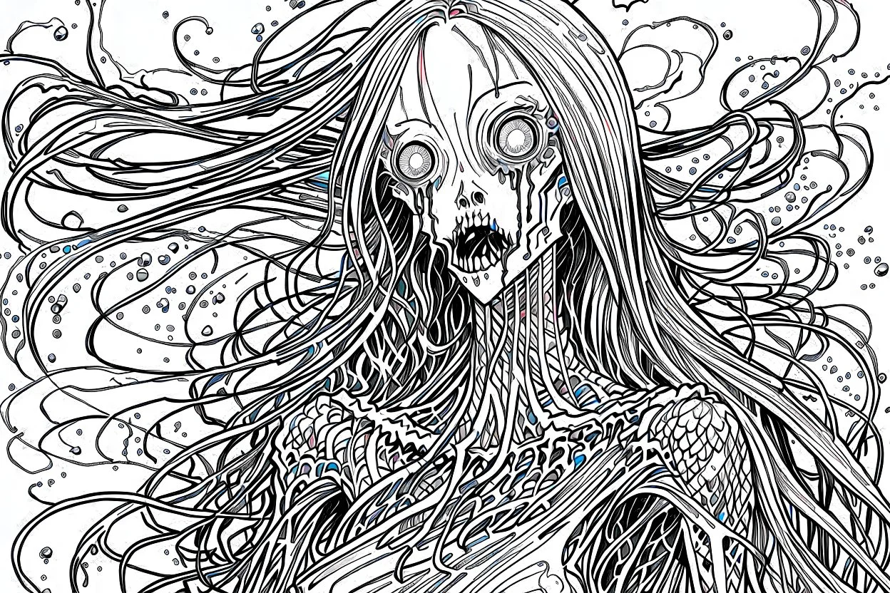 sketchy colorless illustration of a malevolent shape shifting female Funayurei water ghost with highly detailed facial features and skin textures, in the style of Alex Pardee , Jean Giraud Moebius, and Katsushika Hokusai, highly detailed, boldly inked,