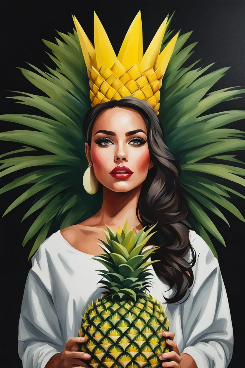 Pintura de Vicky Dávila coronada con una piña, arte de tinta, calidad ultra, 8k, cuerpo completo