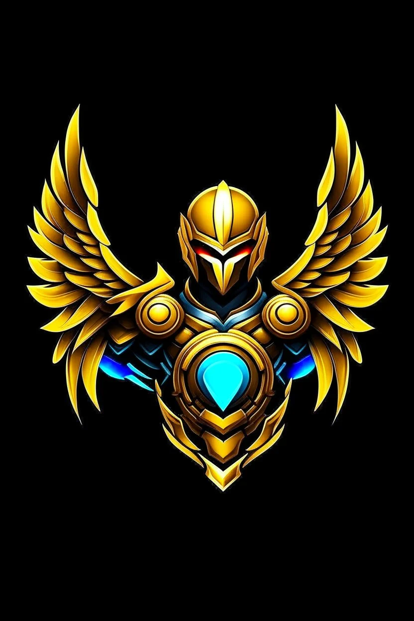 Gaming yuong man have a wings with a golden armor and gem is five integrated avatar logo design