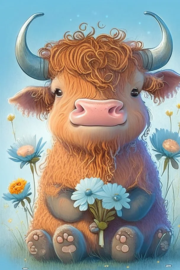 dorable cute happy baby scottish highland cow with dreamy eyes, sitting down and holding a flower, nursery art, very rendered polished Perfect, smooth edges, flawless Facial Features, Stunning, Whimsical Fantasy, Cute, Highly Detailed, Well Rendered, cartoon, illustration