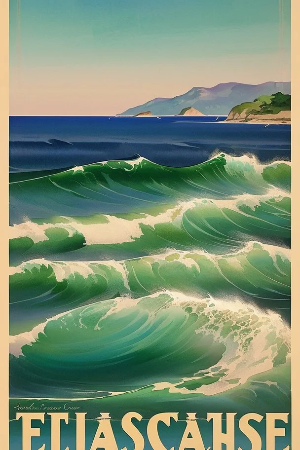 Vintage travel poster showcasing the majestic waves on beaches of Landes in France in a watercolor painting style reminiscent of 1930s European travel advertisements, like those by Henri Cassiers. The scene is captured during golden hour with soft glows highlighting the peaks, featuring muted pastels with pops of rich blues and greens. The composition offers a wide-angle view, with a focal length of around 24mm, presenting a vast mountain range at the center and a quaint village at the base.