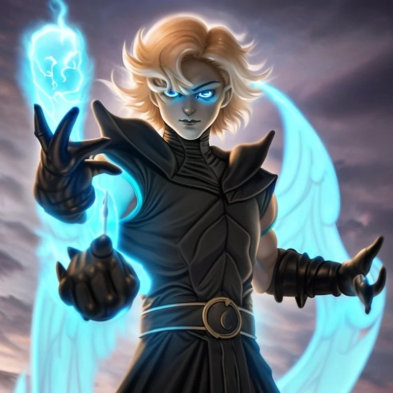 A 25 years boy persian in matte black robes with flaming eyes with grin with flaming light blue pupils stands atop a squire Two infinity gauntlets contain six infinity stones, one of which is made with nano In the hands of a powerful man walking While standing on a majestic height from afar With two big wings