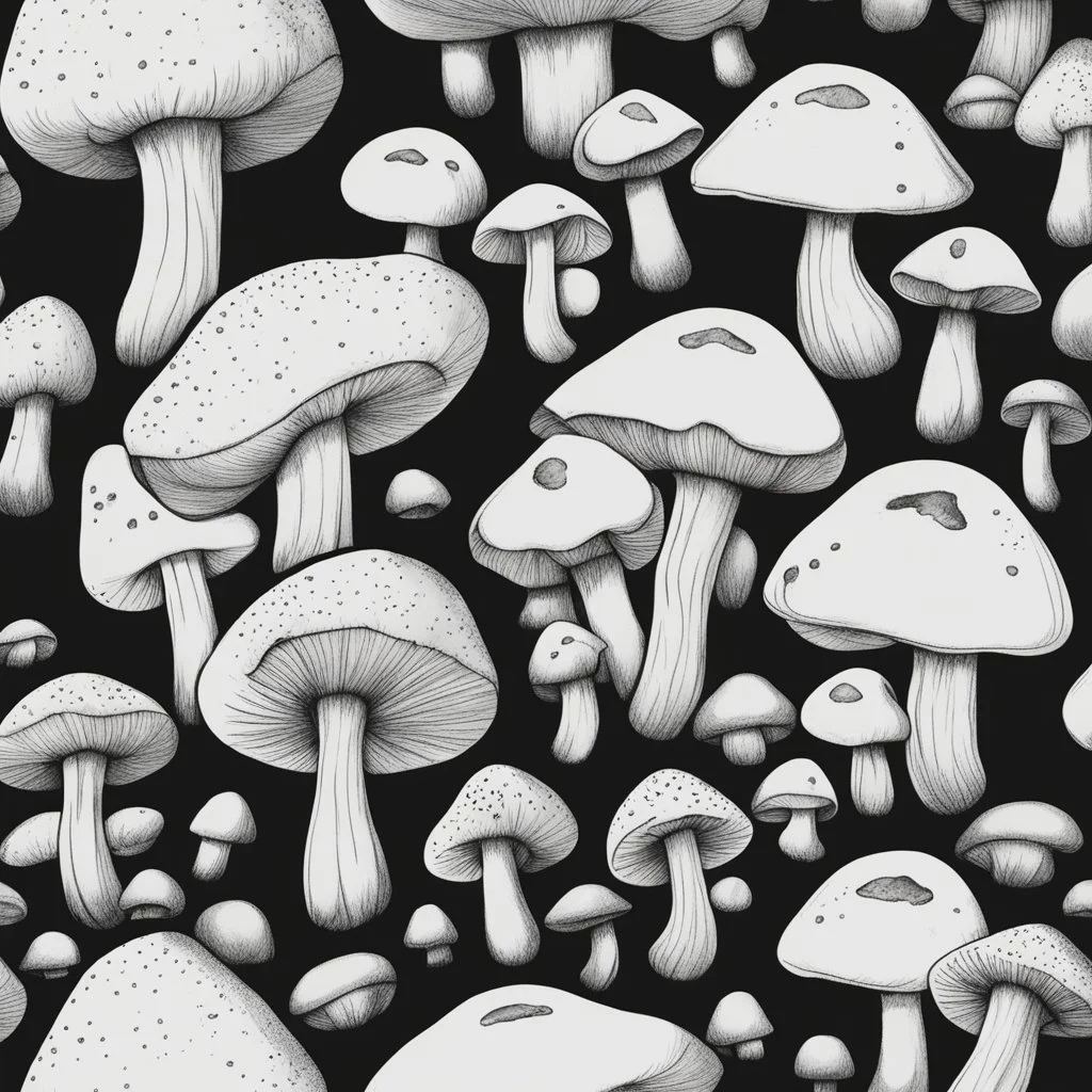 mushroom, black and white, cartoon, drawing, cute, creature, simple