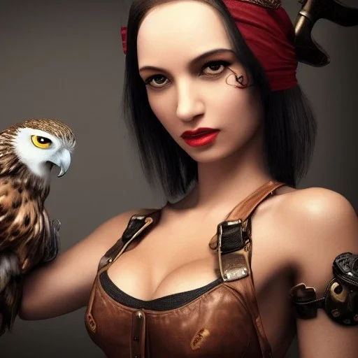 hyper realistic, young cute girl with weapons in background, short black hair, holding a owl. black tatoo on arm. dressed a steampunk pirate, bra with carved leather. Salvador dalì style. high details. 4k, unreal engine.