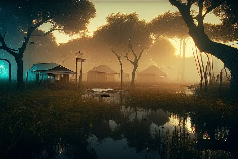  New orleans , swamps , projects, slums night time , unity, scriptable render pipeline , red tone, volumetric lighting.