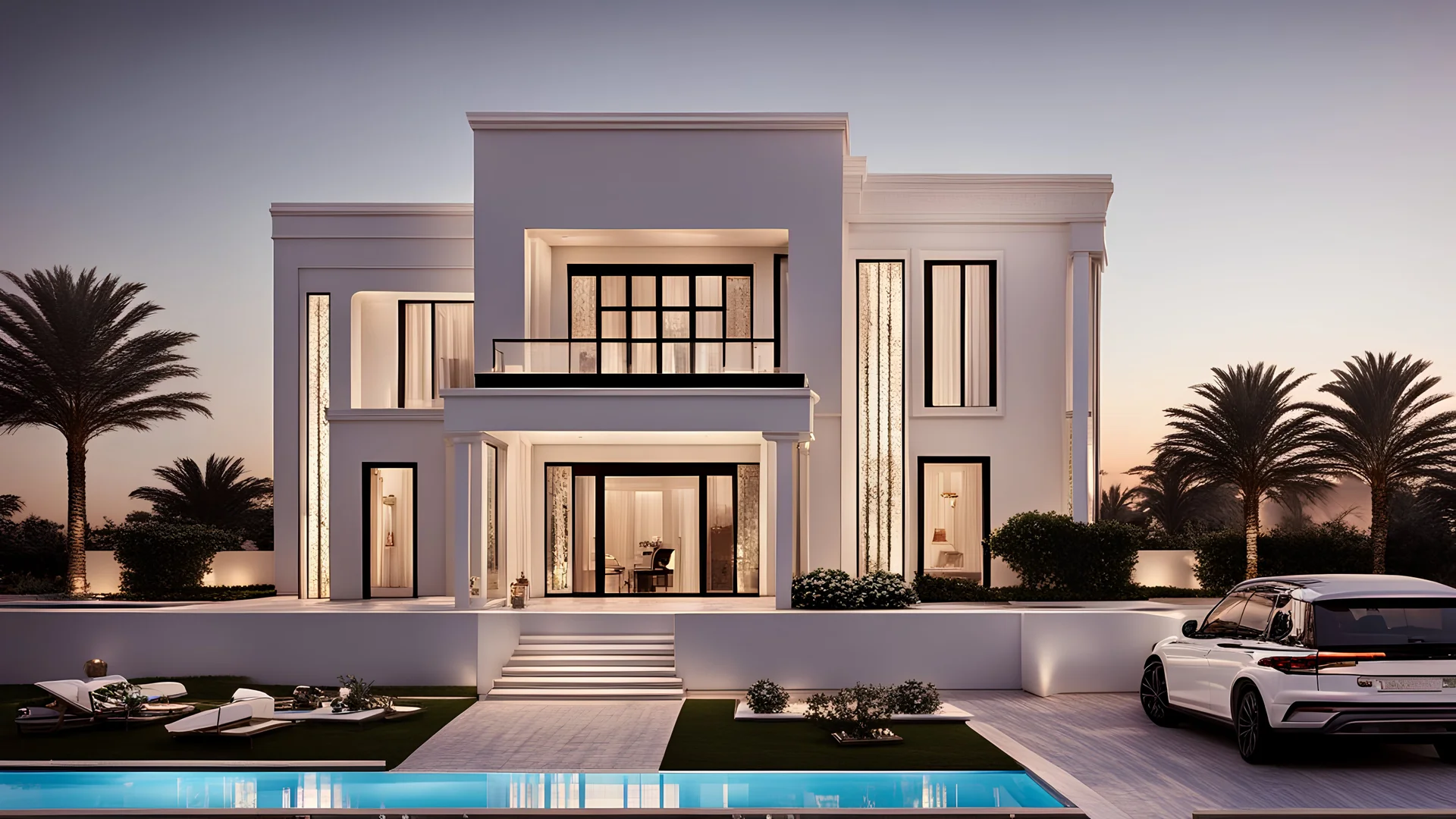 Description of a modern Emirati style villa: Located on a magnificent piece of land in the heart of the Emirates, our villa embodies the finesse of design and detailing that promises a luxurious residential experience. This two-story villa, with its elegant and contemporary spaces, stands out. The exterior walls of the villa are made of black and white stones, adding an elegant and luxurious touch to the design. This combination of black and white stones creates a beautiful contrast, highlight