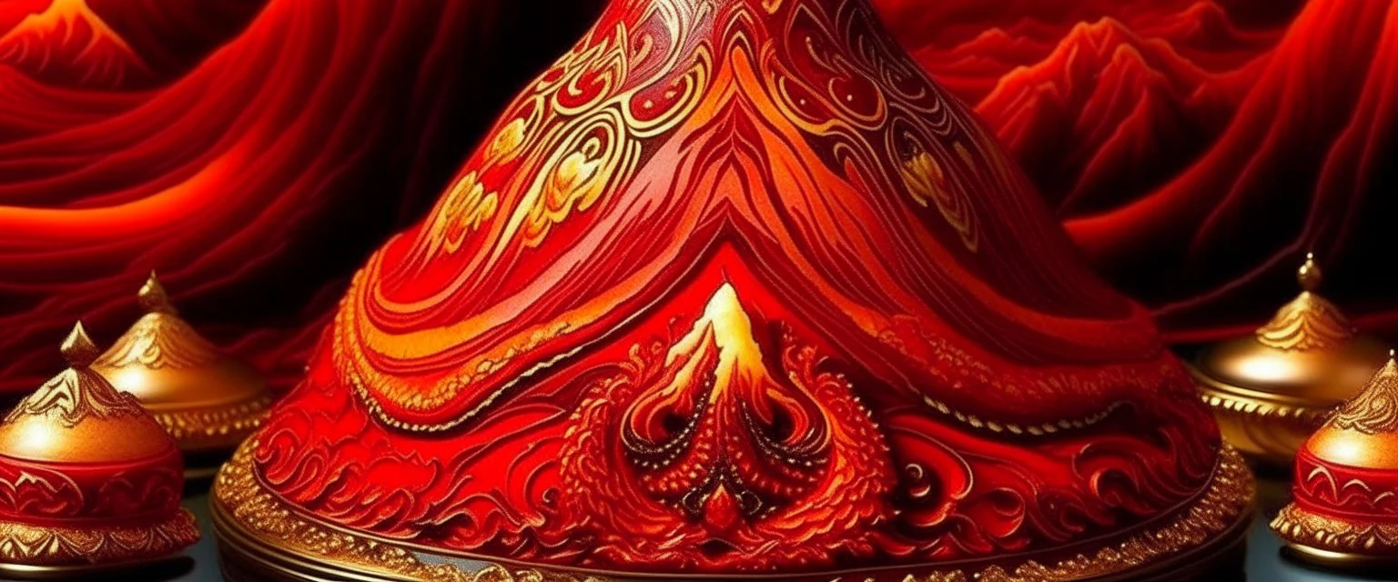 A red volcanic plateau with powerful fire designed in Mehndi design painted by Peter Carl Faberge