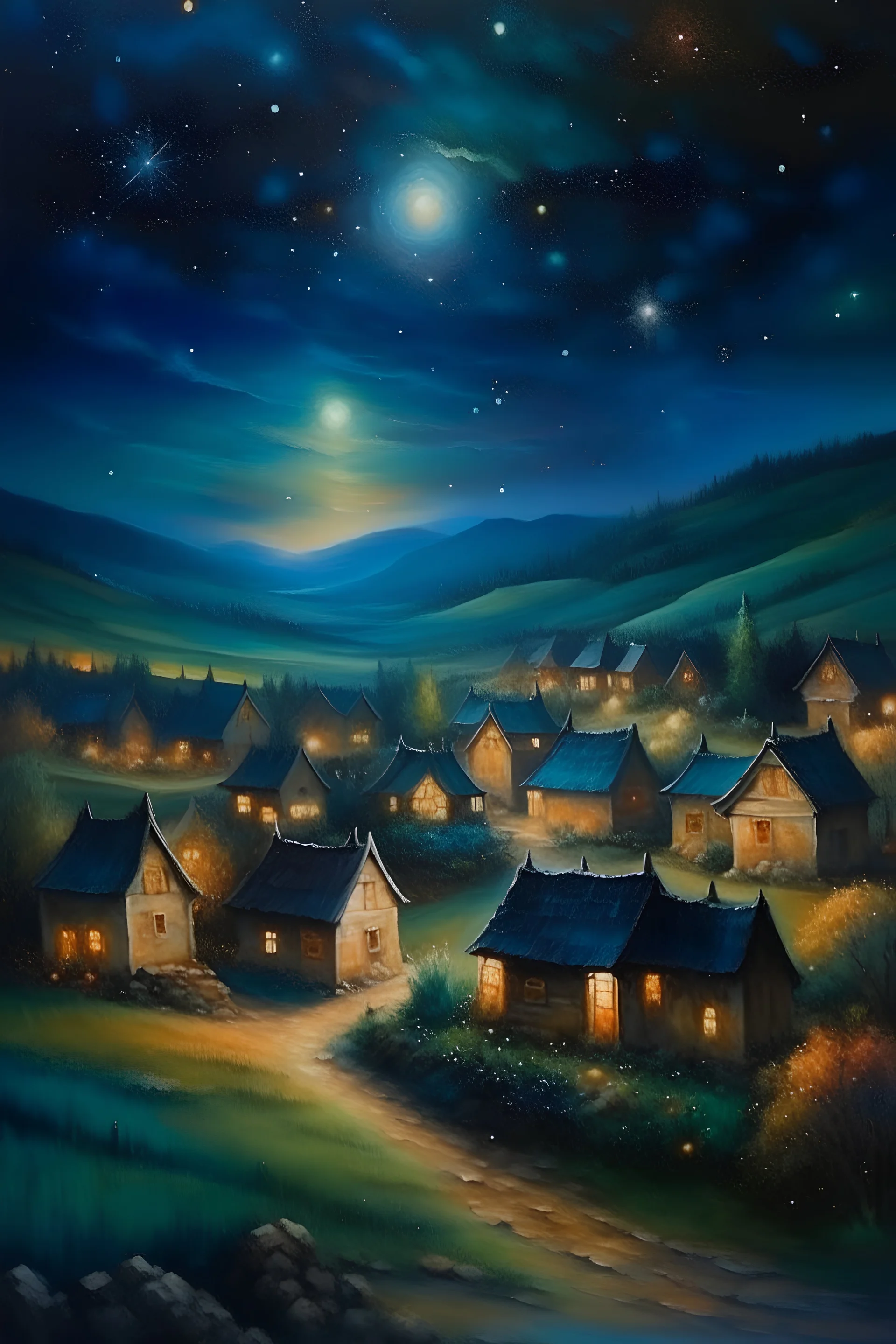 Quiet village under the exploding stars , oil painting