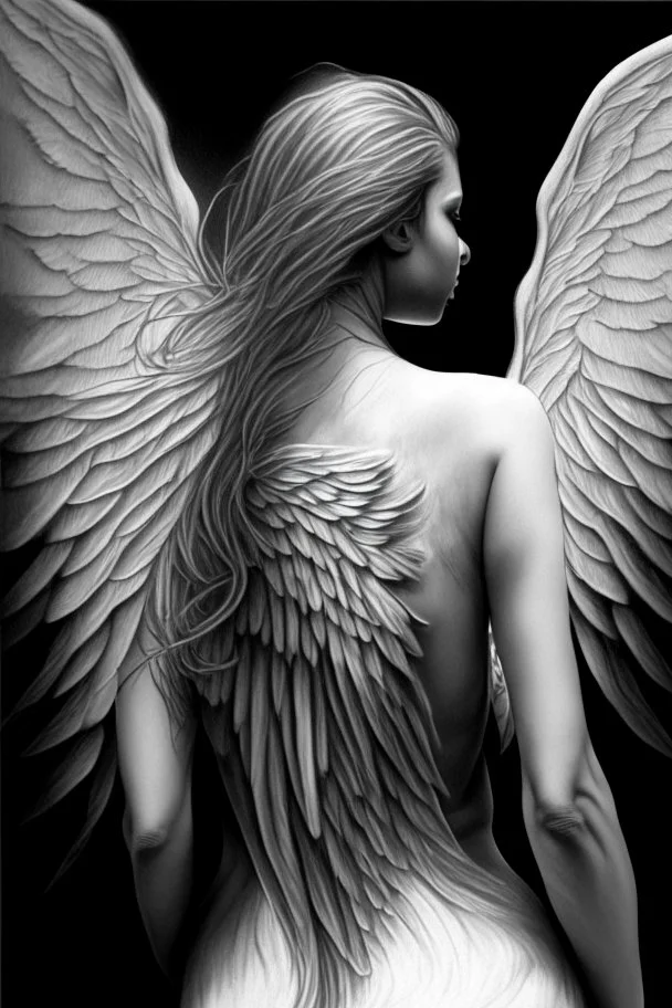 woman angel from back ultra realistic drawing