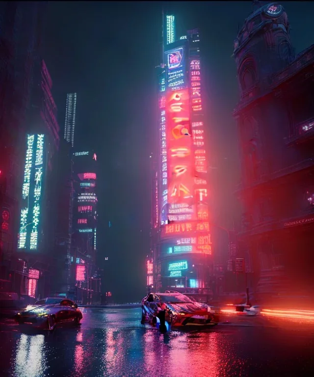 3D, beautiful, light reflecting, empty city, midnight, rainy night, neon, cyberpunk,