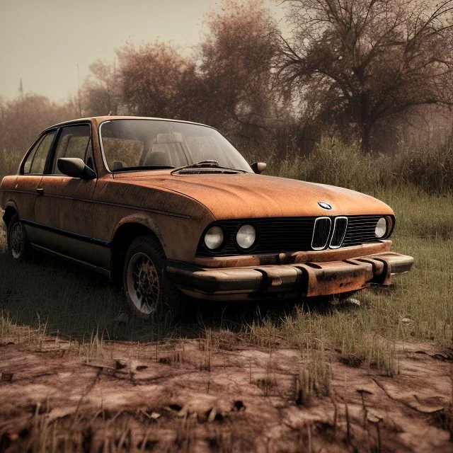 an abandoned 1990 bmw rust 2-door overgrown by nature with dust ,ultra realistic,concept, 4k ,on street,8k resolution, high-quality, fine-detail, parked in crowded city winter