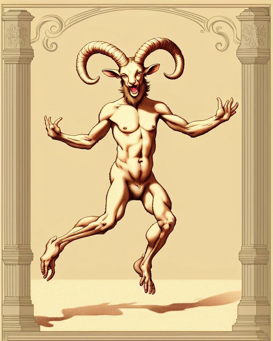 A horned satyr on full-length hind legs, legs in gray wool, jumps and smiles, sends an air kiss