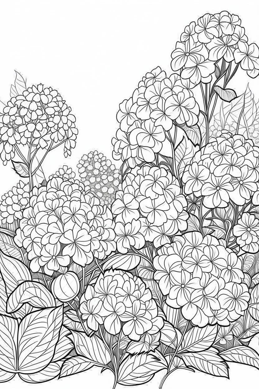 Outline art for coloring page, GARDEN OF STYLISH HYDRANGEA FLOWERS, coloring page, white background, Sketch style, only use outline, clean line art, white background, no shadows, no shading, no color, clear