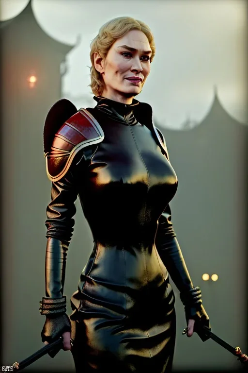 Cersei Lannister as evil dominatrix in black leather, mistress, bdsm, busty, cleavage, curvy, lena headay, angry, stern look. character design by cory loftis, fenghua zhong, ryohei hase, ismail inceoglu and ruan jia. unreal engine 5, artistic lighting, highly detailed, photorealistic, fantasy