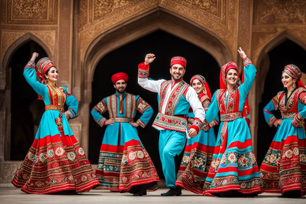 a couple man and woman in Azerbaijan costume ,dancing Azerbaijan folk dance togather