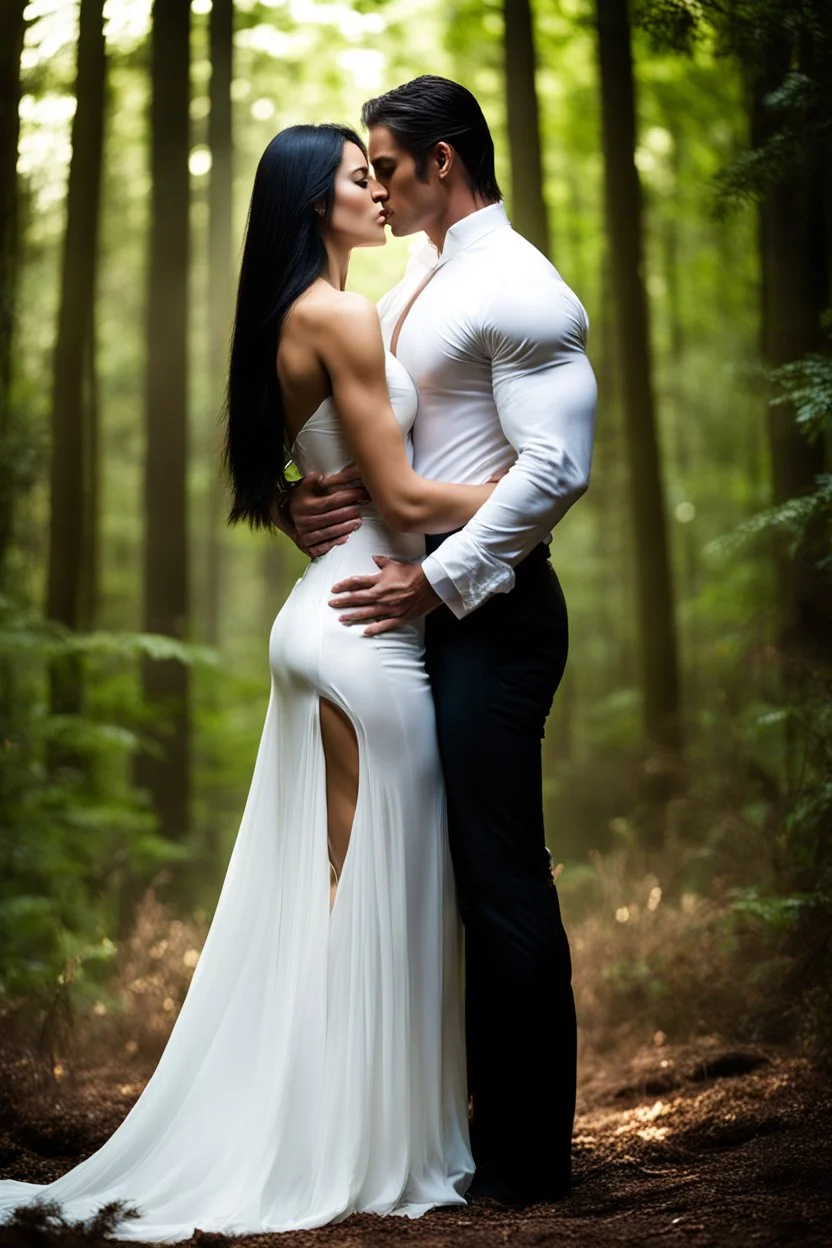 muscular alpha male embracing a young woman with long black hair wearing a long white dress standing in a forest