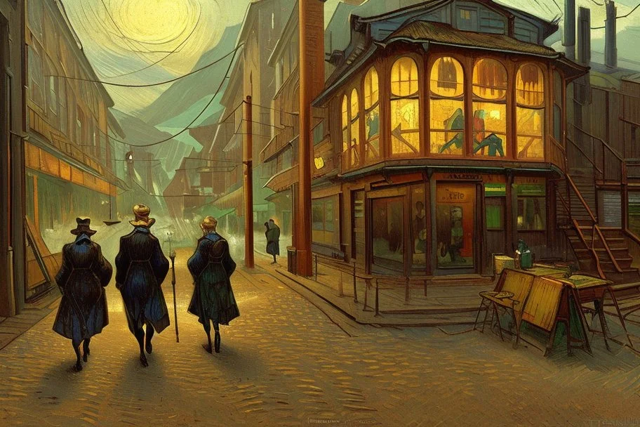 the three old men are walking down the street, in the style of van gogh, steampunk-inspired designs, synchronicity, charles vess, vernacular architecture, villagecore, serge marshennikov, subtle, earthy tones --style 4cojQM2tFLv0-1oQhPGLa7R0G --stylize 750 --v 5.2