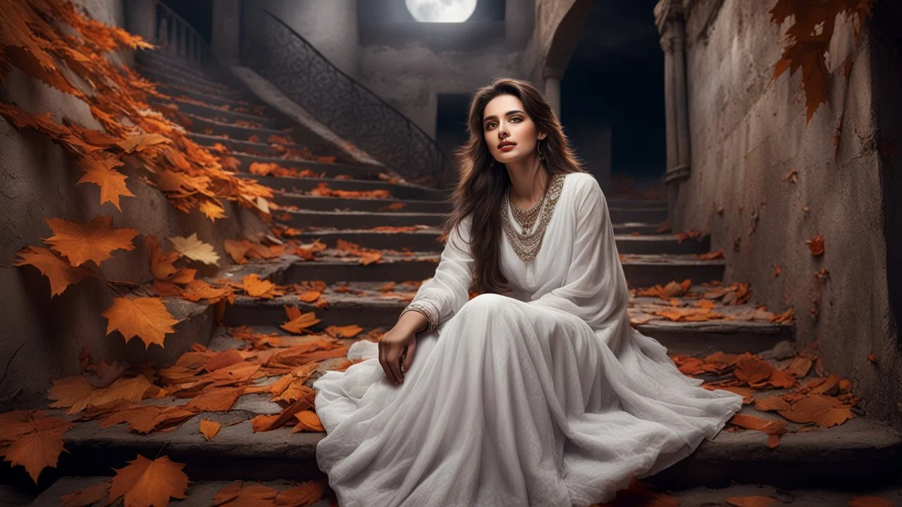 Hyper Realistic Photographic-zoomed-face-view Of a Beautiful Pashto Woman with Beautiful Eyes in White Dress Smiling & sitting alone on the Wide-angle-Beautiful-Staircase Of A Huge-Abandoned-Dark-&-Detailed-Crafted-Fort In An Autumn Season with dried Orange Leaves on the land with cloudy-moonlight dark night showing dramatic & cinematic ambiance.