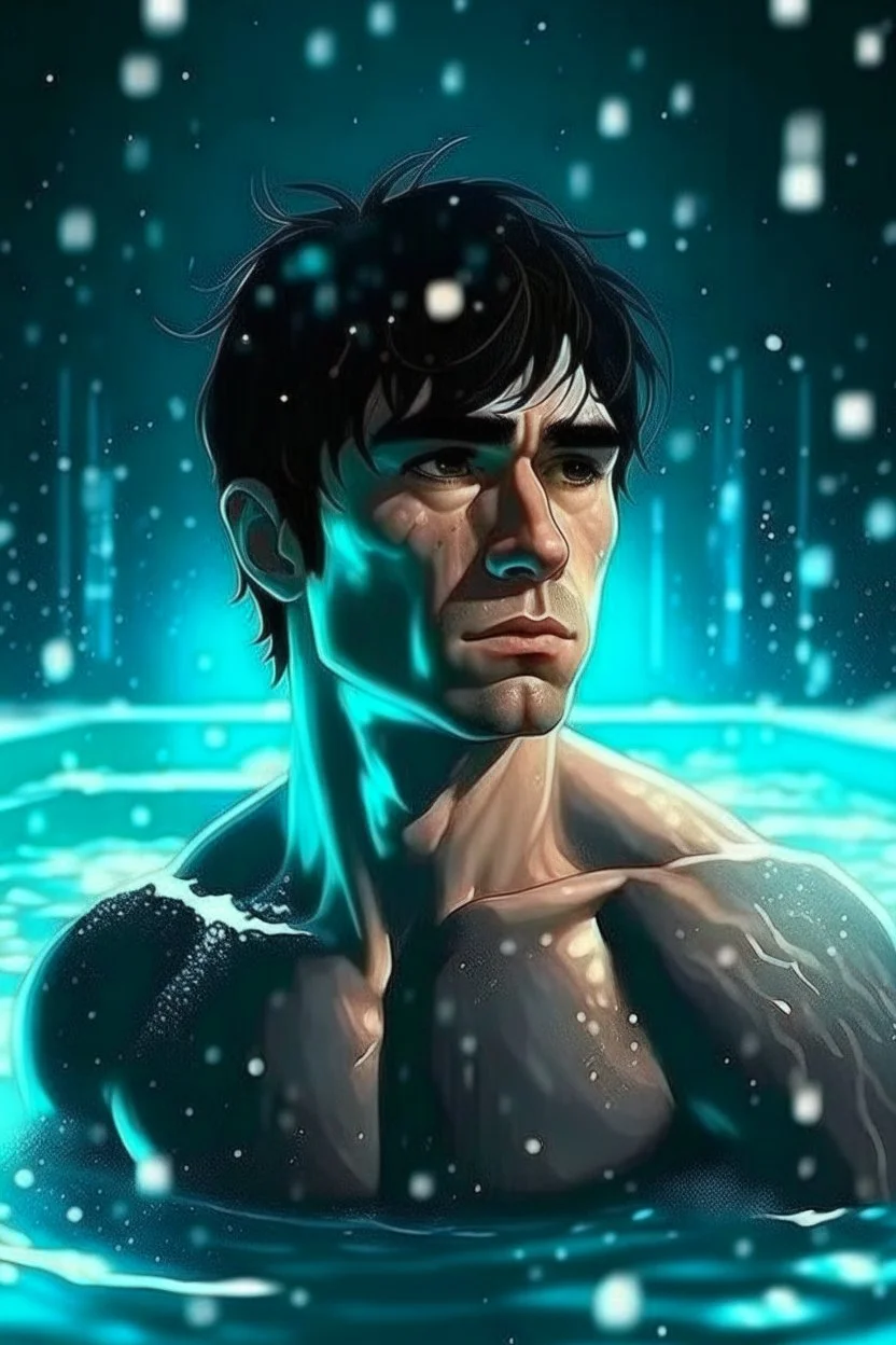 hyper realistic extremely shirtless handsome short black hair men in a swimming pool at snowfall night