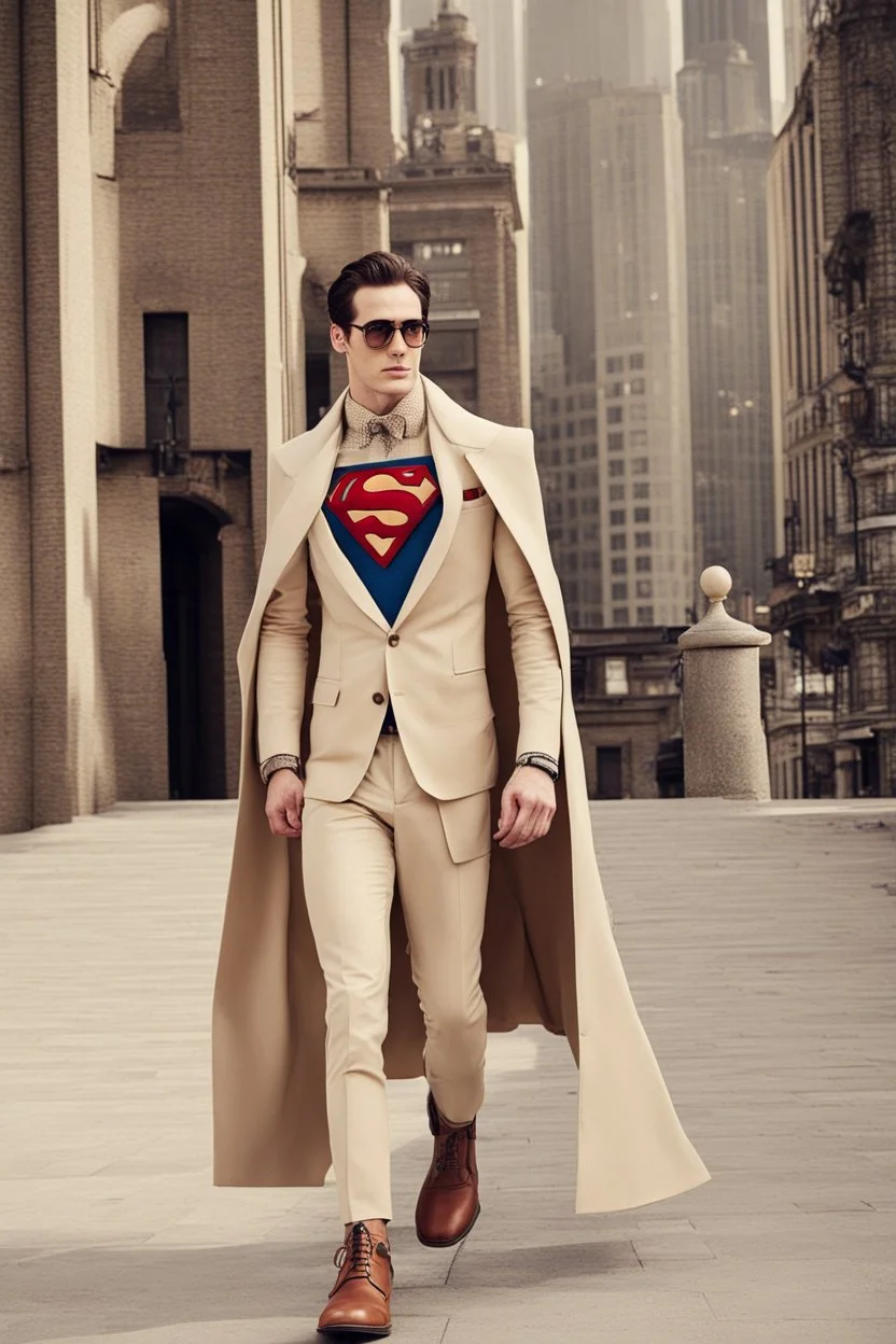 Men winter fashion runway modern clothes inspired by Superman Superman style clothes, elegant beige tones