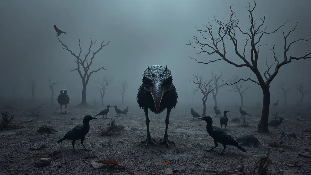 close in center weird crepy bird creature around different small dark crepy birds and far away surreal thriller vibe trees in alternative surreal barren, dry, gloomy world, nightmare in abyss, deep vortex, black, gray, purple, brown, silver, dark red colors, surreal, weird dark fantasy, deep dark colors, sharp lines, crepy stunning, high detalied, weird, fog, shadows, realistic, surreal, highly detailed, melancholic thriller mood