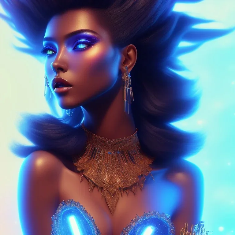 full body shot, masterpiece, best quality, black skinned, sparkling eyes, long hair, gourges Angel,fluorescent skin,blue-dark makeup,synthwave, indigo, highly detailed body, sun light, 4K, RAW, depth of field, high contrast, realistic details, 24mm