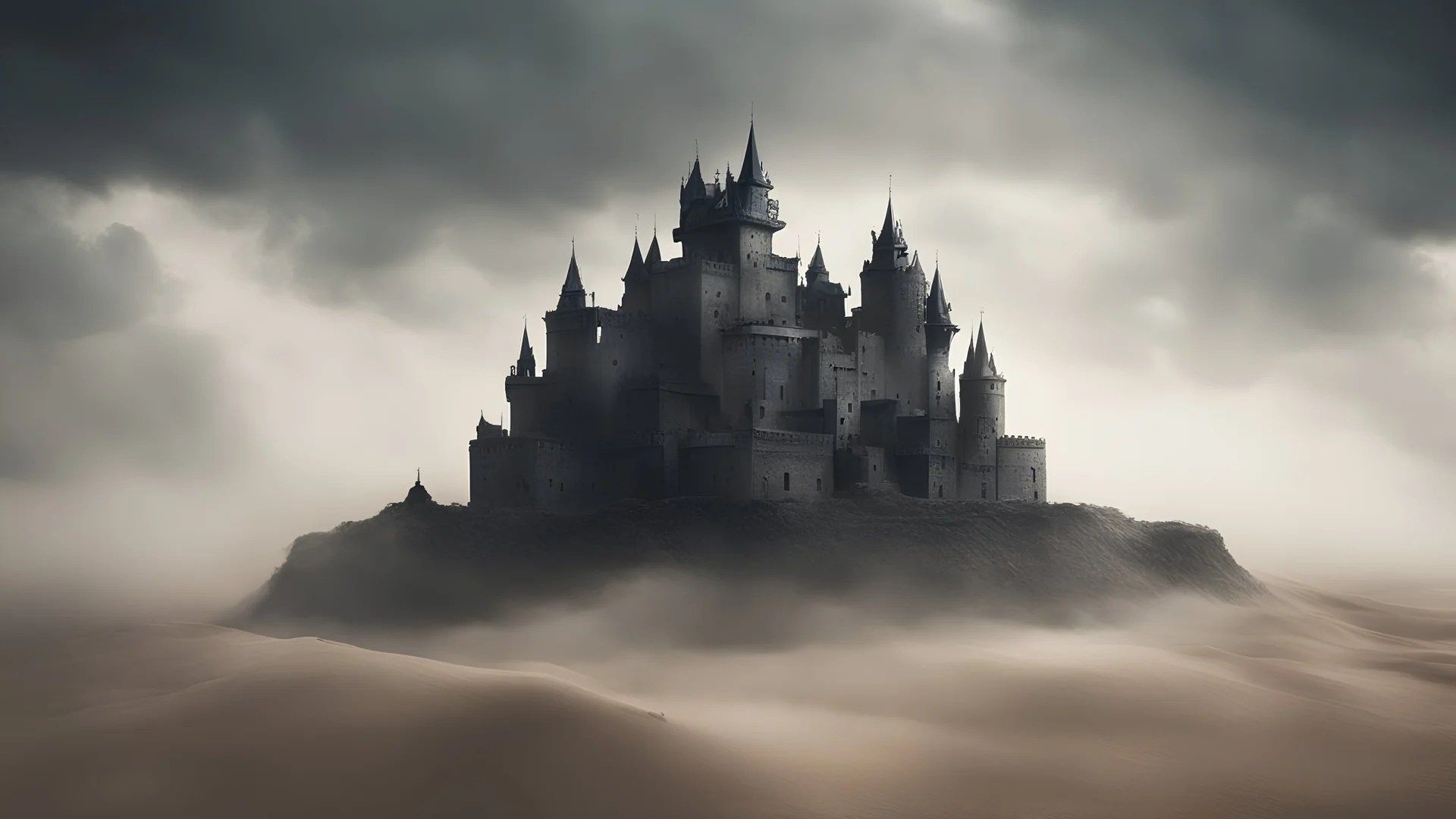 Photoreal magnificent floating black floating fortress floating high in the sky with sandy mist rising all around it by lee jeffries, otherworldly creature, in the style of fantasy movies, photorealistic, shot on Hasselblad h6d-400c, zeiss prime lens, bokeh like f/0.8, tilt-shift lens 8k, high detail, smooth render, unreal engine 5, cinema 4d, HDR, dust effect, vivid colors