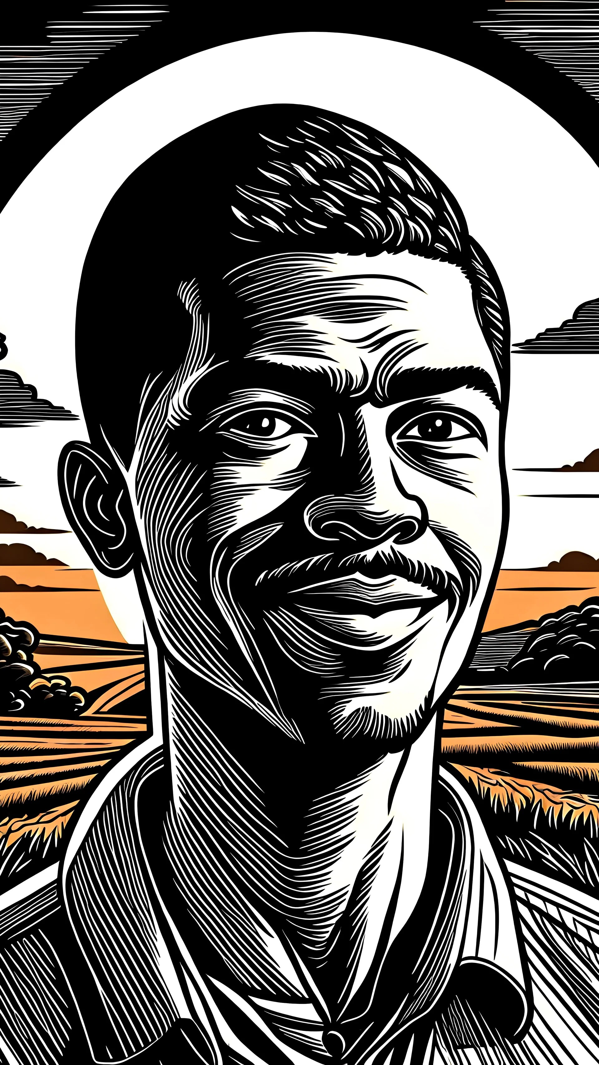 young black man, happy, sunset, running, ground, woodcut, Woodblock printing, xilogravura, Livio Abramo, Sérvulo Esmeraldo, Tarsila do Amaral, ultra sharp 8k uhd smooth sharp focus highly detailed hd trending on artforum illustration digital, head and shoulders, black and white