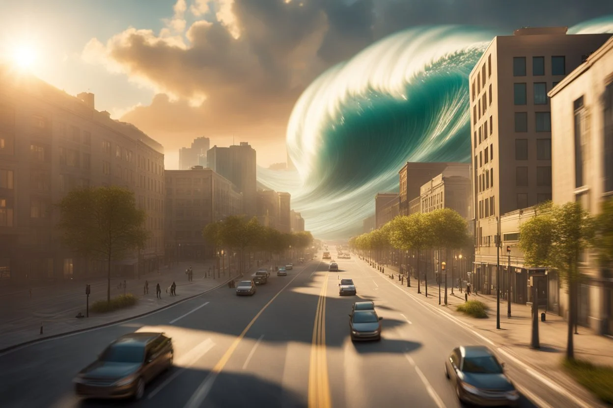 Drone Shot of a huge Tidal Wave seen from a downtown street on a Sunny Day as it hits buildings in the middle distance":"HDRI, ultra realistic, concept art, elegant, highly detailed, intricate, sharp focus, depth of field, f/22, 200mm, medium shot, ((bright diffused Sunset light)), Kodak Ektar