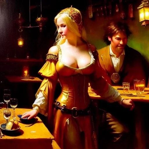 fullbody portrait 'beautiful face blonde massiveboobs medieval wench on tavern in medieval city',painting by gaston bussiere, greg rutkowski, yoji shinkawa, yoshitaka amano, tsutomu nihei, donato giancola, tim hildebrandt, oil on canvas, cinematic composition,sharp image, extreme detail,((fit full head inside picture)),32k