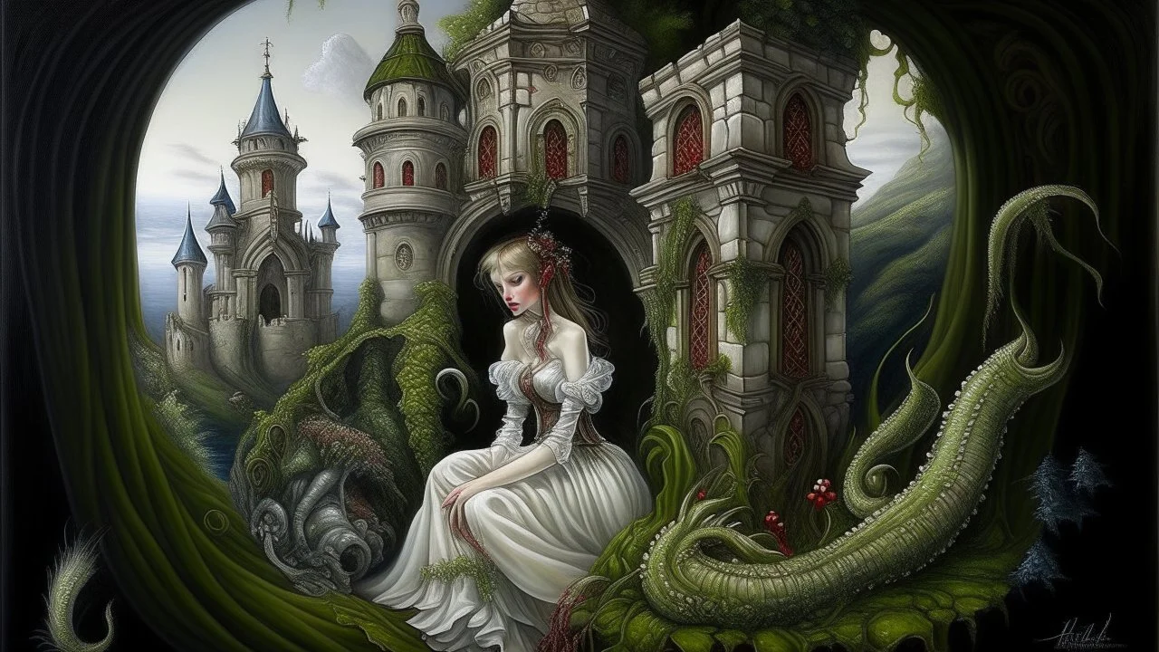 An intricately detailed painting in the style of Renaissance masters depicting an abandoned castle where some climbing and carnivorous plants still live, intertwined with them is a mysterious lady dressed in white