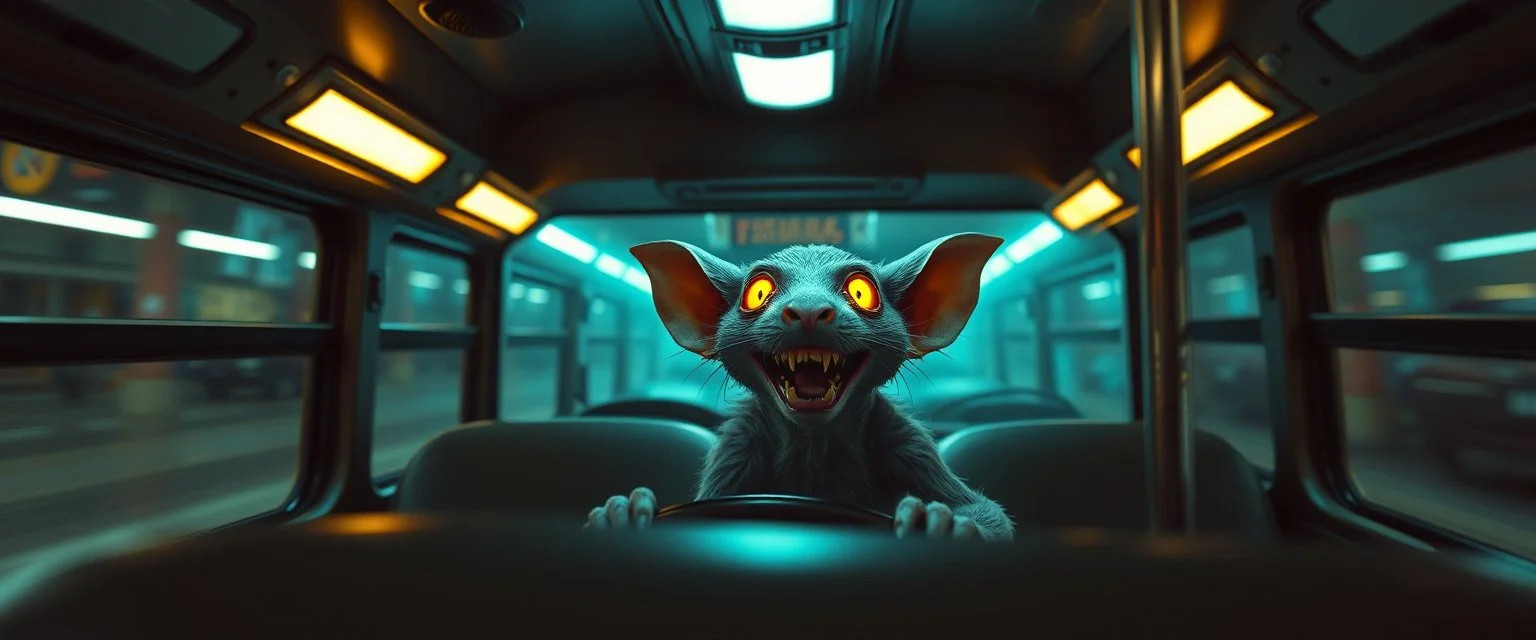 bus driving happy 2d neon fluffy rat elf vampire scumbag in the style of Escher and Giger and Fallout 4, pinhole cam, airbrush 3d rendering, on tv screen:A five-second cinematic single take in a clean industrial presentation hall.