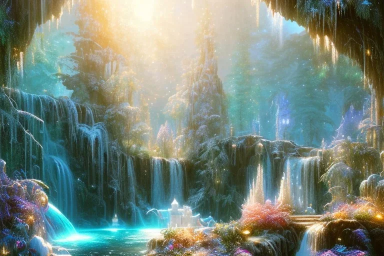  white and gold crystal cosmic ambiance，waterfall, full of details, smooth, bright sunshine，soft light atmosphere, light effect，vaporwave colorful, concept art, smooth, extremely sharp detail, finely tuned detail, ultra high definition, 8 k, unreal engine 5, ultra sharp focus