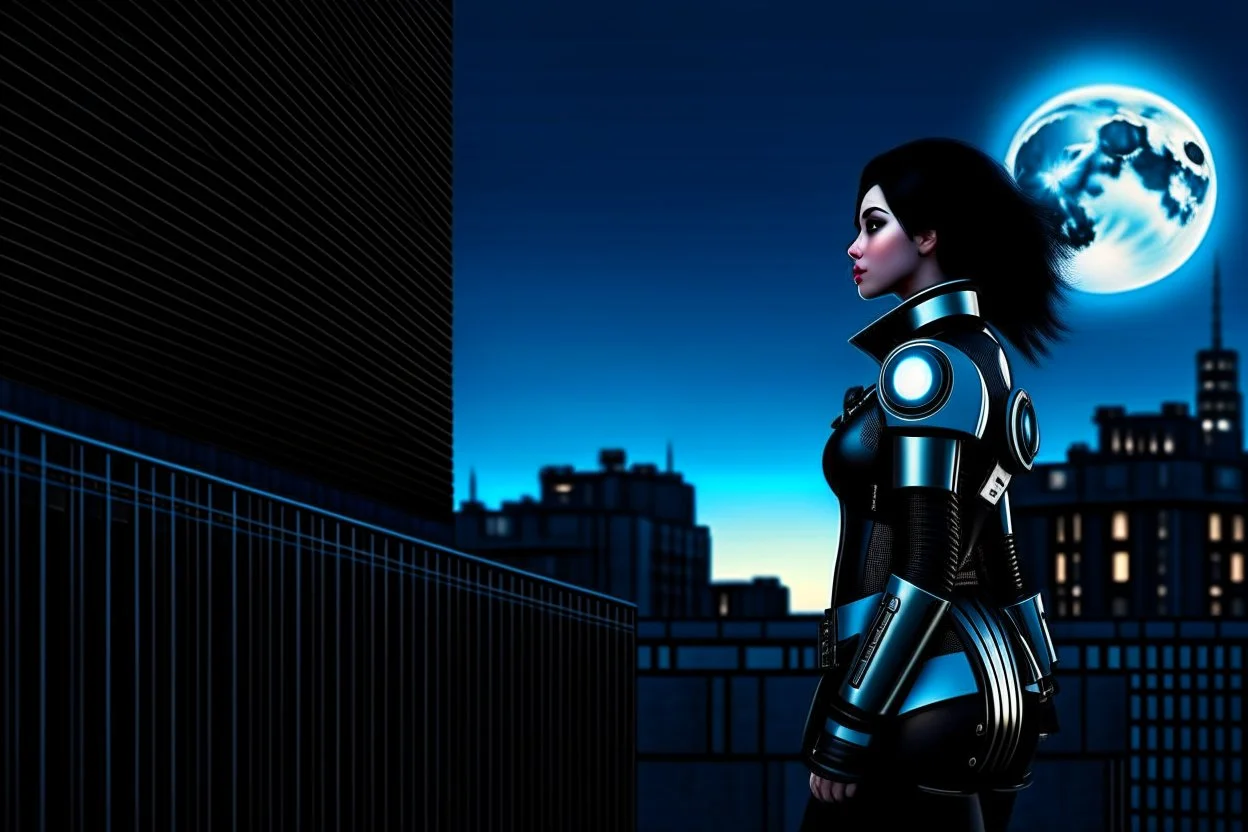 Fantasy Photo Of A Woman With Black Hair, Wearing A robot-looking suit, standing sideways On A Ledge of a building, With A waning moon Behind Her Head